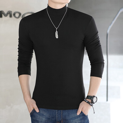 ROMON Men's pure cotton long-sleeved T-shirt half turtleneck bottoming shirt solid color slim fit simple casual mid-collar inner top white XL 140Jin Jin equals about 0.5 kg