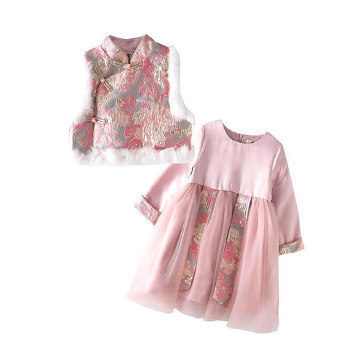 Tres elefantes tiburones cheing cheingsam hanfu girls traje de espigas nuevos saludos de nuevo año tiara tiara falda traje infantil 695 chaleco rosa + falda canción de baile pantalones 130