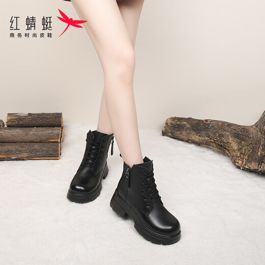 Red Dragonfly Martin Boots Women's Boots Plus Velvet Warm and Slim Short Boots Small Thick Soled Heightening Leather Boots WTC442891H Black 39