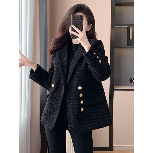 皮尔卡丹（pierre cardin）小香风西装女外套2025新款设计感显瘦轻奢减龄加棉加厚秋冬款外套 黑色 加厚 M 建议95-108斤