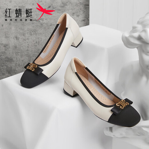 
Red Dragonfly Women's Singles Shoes New Small Flavor Light Mouth Color Bundle Thick Heel Women's Dog Shoes Commuter Women's Singles Shoes WGB12056 Bei White 38