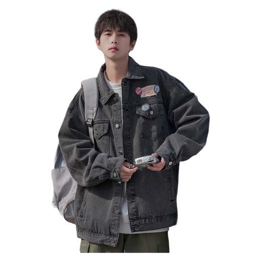 POUM men's joint denim jacket men's autumn new Hong Kong style retro loose casual couple work clothes jacket CRB-2035 black XL