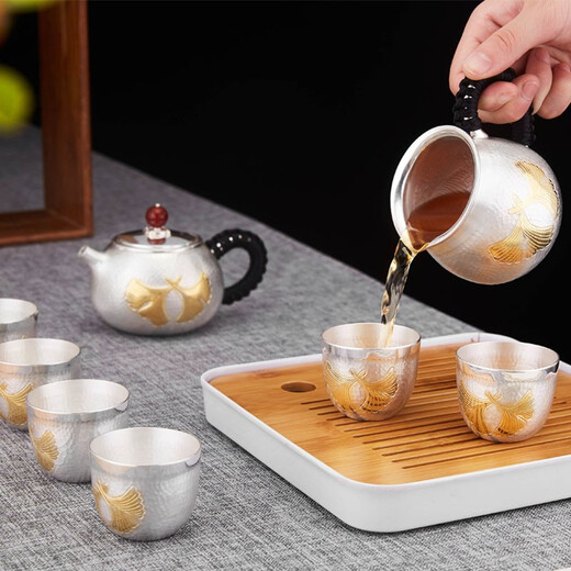 
Lanting Ziyuan Silver Pot Sterling Silver Handmade S999 Tea Set Set Complete Set of Boiling Kettle Tea Pots Fair Cups Kung Fu Tea Set Tea Ceremony High-end Gift Box 9-piece Set 1396g Sterling Silver 999+ Test Certificate