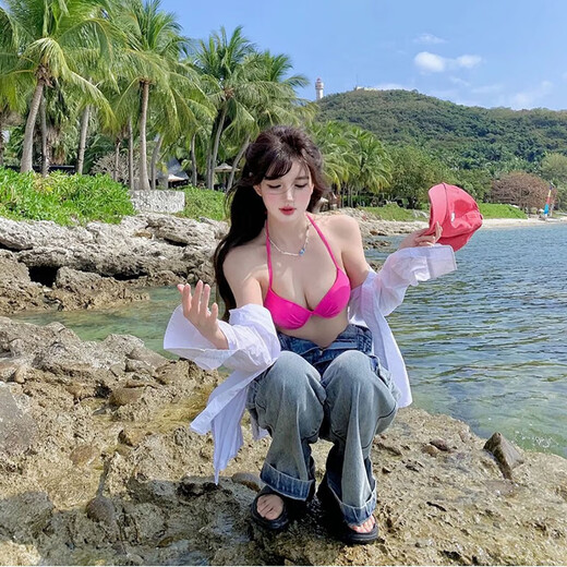 Tanbeiman bikini swimsuit for women, super sexy fully exposed breast hot spring swimsuit for women, beach American bikini three-point style, rose red (M size recommended 80-100Jin [Jin equals 0.5kg]) [upgraded new style/bring your own breast pad]