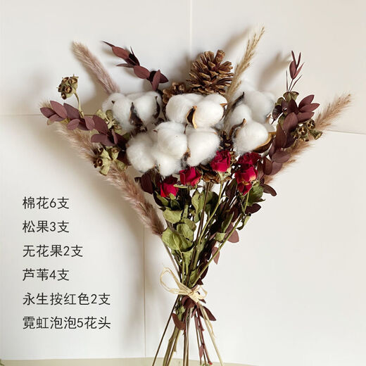 AIMAN dried flower pine cones, cotton eucalyptus leaves dried flowers, Nordic style ins small fresh home decoration ornaments bouquet pine cones, eternal pink baby's breath + thousand day powder + cotton + bouquet, dried flower bag