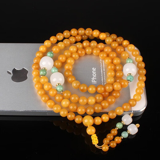 Zhenghe Jewelry Boutique Chicken Fat Yellow Beeswax Buddha Beads 108 Bracelet Original DIY Matching Turquoise and Hetian Jade 19.96g