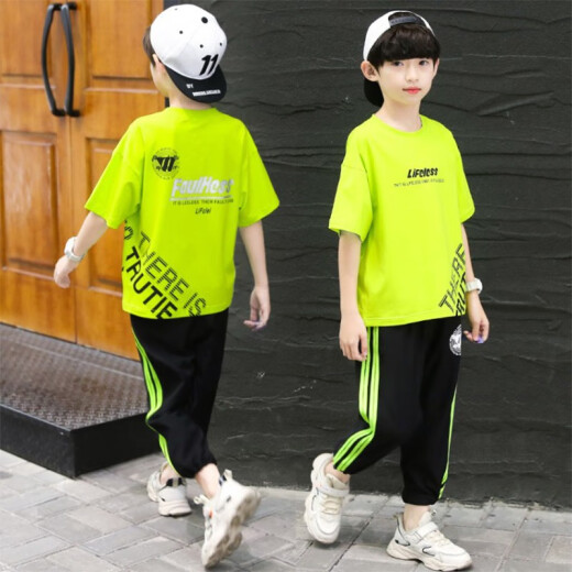 Venetutu Boys Suit Summer Suit 2022 Summer New Medium and Large Children's Suit Short T-shirt Anti-mosquito Pants Little Boy Fashionable Internet Celebrity Sports Two-piece Suit 3-15 Years Old Trendy Green 150 Size Recommended Height About 140 Centimeters