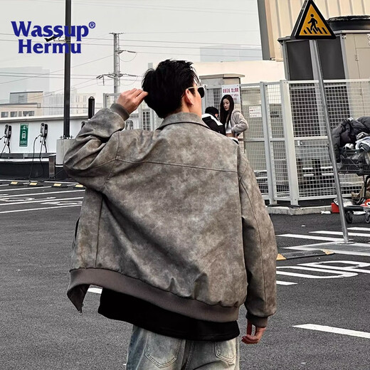 WASSUP HERMU official jacket for men and women in autumn and winter Maillard handsome motorcycle leather jacket high-quality American street casual leather jacket gray XL (recommended 130-150Jin Jin equals 0.5 kg)
