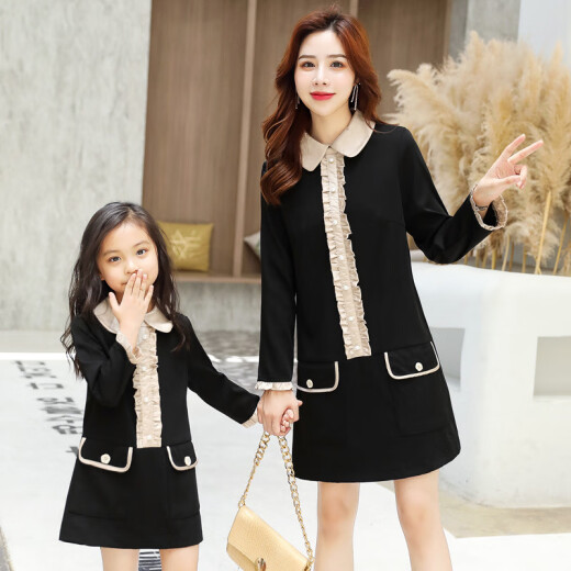 Autumn trend new products 2020 new parent-child wear dress mother-daughter wear Korean style fashion internet celebrity plaid skirt spring and autumn style sweet little fragrance black size 5 (height 85-100