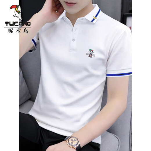 Woodpecker (TUCANO) beaded cotton Paul embroidered Polo shirt men's slim short-sleeved T-shirt summer lapel top breathable half-sleeved T-shirt S5012 model white 2XL suitable for 145-160Jin [Jin equals 0.5 kg]