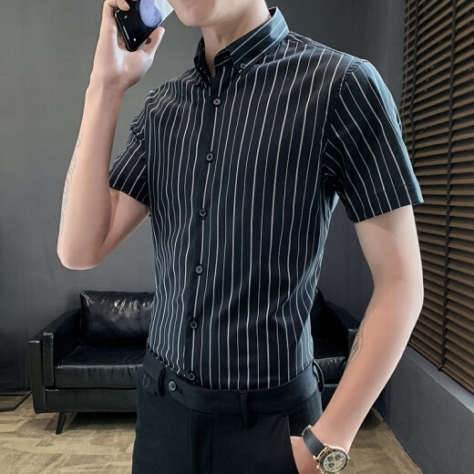 Nanjiren short-sleeved shirt men's business casual fashion striped short-sleeved summer slim half-sleeved men's shirt NJGD9090 black stripe 40