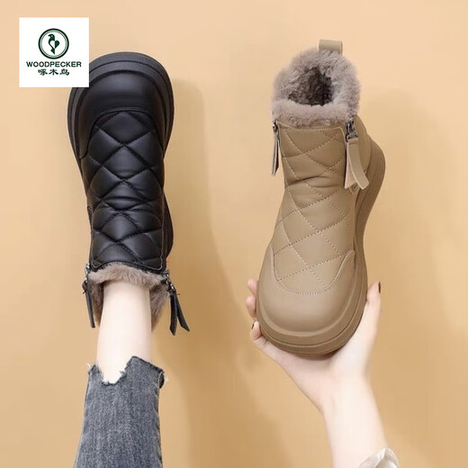 Woodpecker women's shoes women's genuine leather snow boots women's 2025 new autumn and winter plus velvet warm mother cotton shoes short boots women's black 37