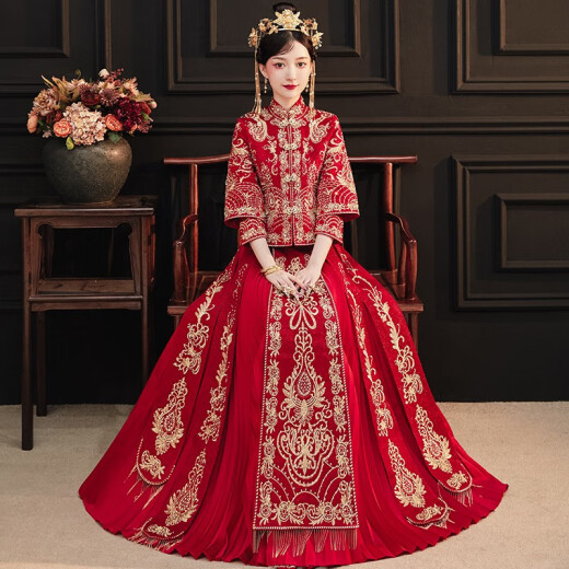 ZEIMSSMM Xiuhe Wedding Bridal 2022 New Chinese Style Wedding Dress Ancient Costume Cheongsam Dragon and Phoenix Gown 513 Long Sleeve M