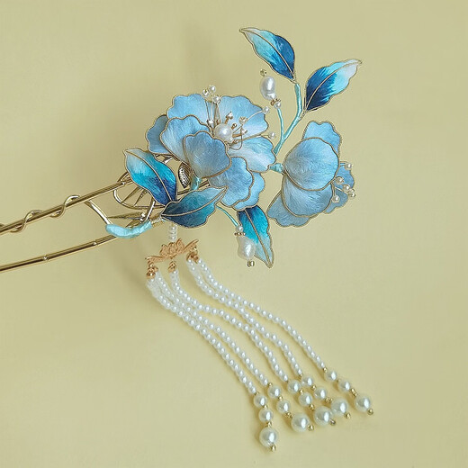 Meng Junchen antique silk gradient hairpin intangible cultural heritage handmade velvet flower hairpin Hanfu imitation dot emerald hair accessory birthday gift sapphire blue