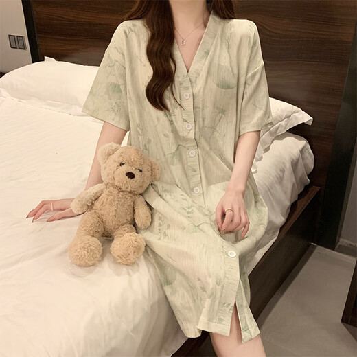 另约新中式睡裙女带胸垫夏季短袖复古风高级感睡衣连衣裙春秋款家居服 5155 绿色花朵 带胸垫 XXL