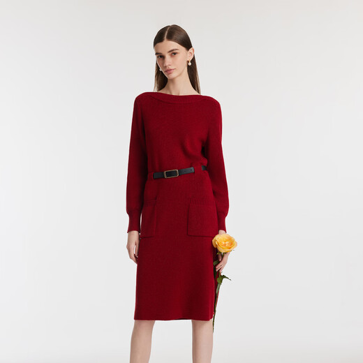 Gloria New Year's red dress red new slimming temperament one-line collar knitted dress 1C1C4G2N0 53R pepper red S