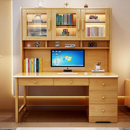 Bamboo sound desk solid wood computer desk bookshelf bookcase integrated combination study table and chair bedroom student writing desk home walnut color single table 140x60x186cm