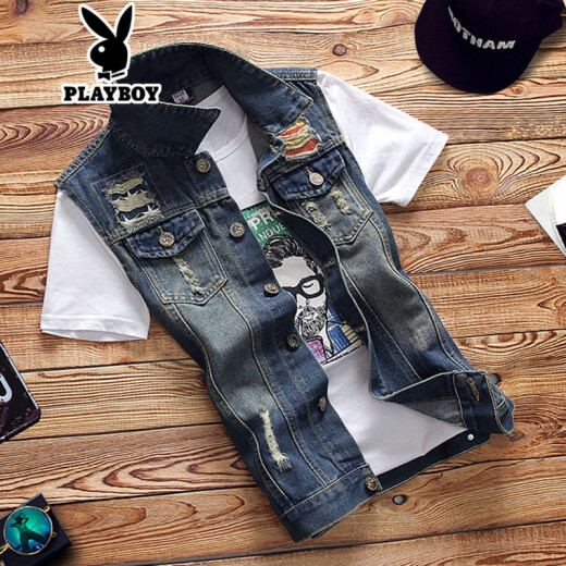 Playboy (PLAYBOY) Denim Vest Men's Summer Vest Men's Sleeveless Jacket Men's Casual Vest Teenage Vest Korean Version Slim Fashion 3849 Style L