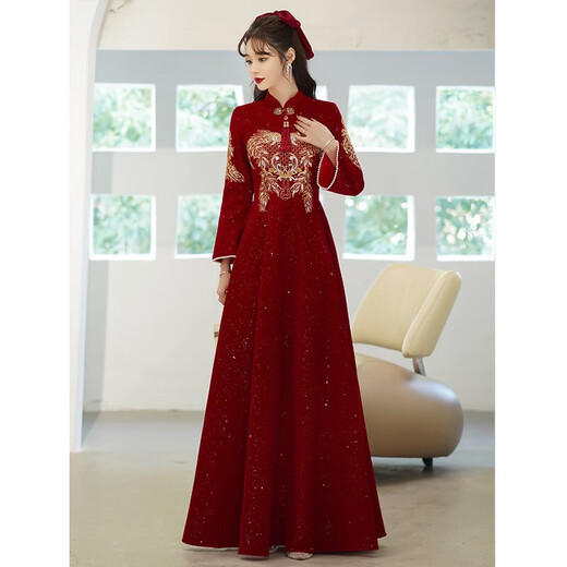 Seidler New Chinese Cheongsam Toast Wear Bride 2025 New Burgundy Xiuhe Clothes Home Long Sleeve Wedding Engagement Dress Burgundy M (Recommended 96-105 Jin Jin equals 0.5 kg)