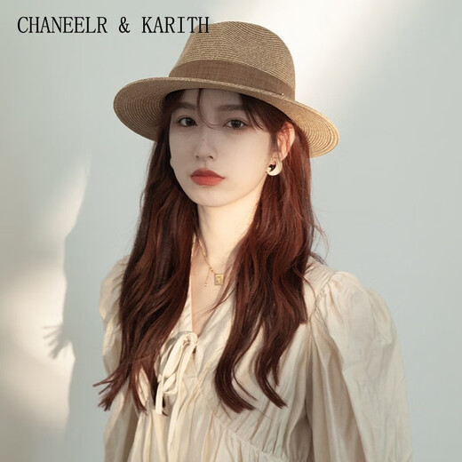 CHANEELR & KARITH防晒帽复古草编帽女夏季防紫外线度假草帽英伦礼帽海边沙滩遮阳帽 黑色 织带 M（55-58cm）