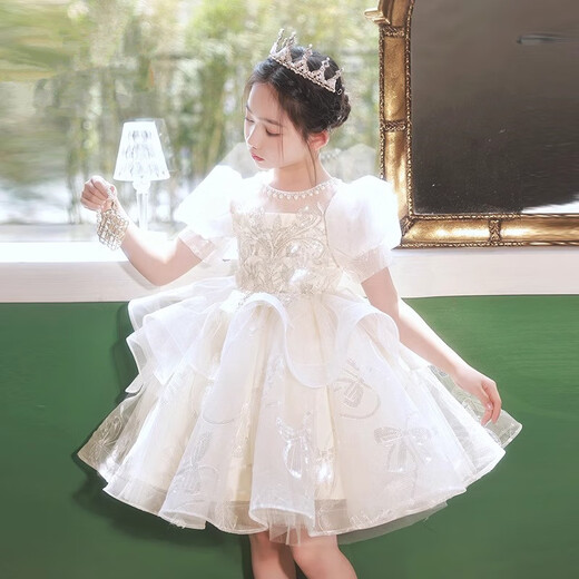 小咔衣浓女童礼服公主裙生日宴花童婚礼纱裙儿童主持人钢琴演奏演出服夏季 香槟色短袖3905短款 130