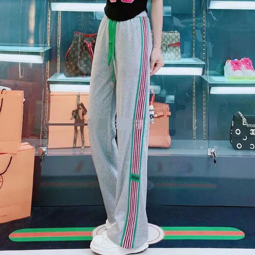 锦人初高腰抽绳显瘦侧边宽松阔腿裤女2024春新款运动休闲裤 13062#绿色 均码 m 建议80100斤