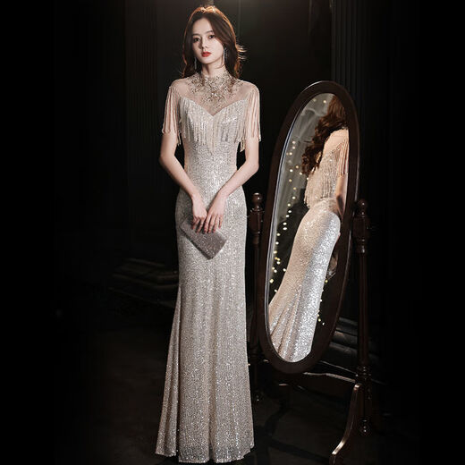 Cooles Huke Abendkleid für Frauen 2022 Neues High-End-Temperament Slim Aura Queen Fishtail Abendkleid für Frauen 2022 Nischenchampagner Langstil L.