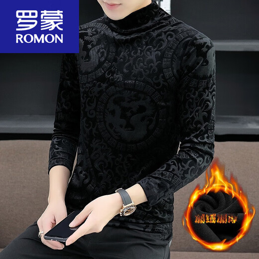 ROMON plus velvet thickened half turtleneck base shirt for men's black gold velvet long-sleeved T-shirt in autumn and winter inner wear T 694 black XL