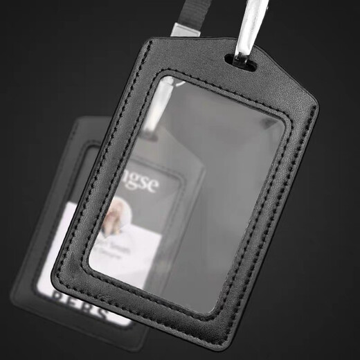 Hengse Working Card Certificate Card Case and Badge Customized Horizontal Version Genuine Leather Industrial Brand Label Label Label Label Label Access Card Certificate Set L702 Black + Lanyard (Double-sided Transparent)