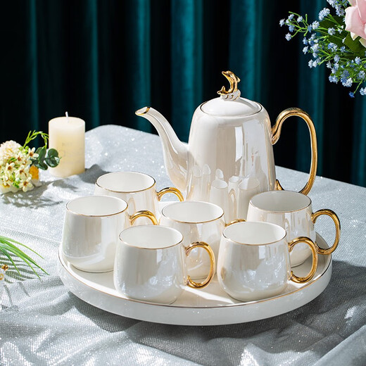 Huangtong Jingdezhen High Temperature Resistant Ceramic Water Set Luxury Phnom Penh Nordic Style Living Room Teapot Teacup Gift Afternoon Tea Aegean Sea Pearl White High-end Water Set