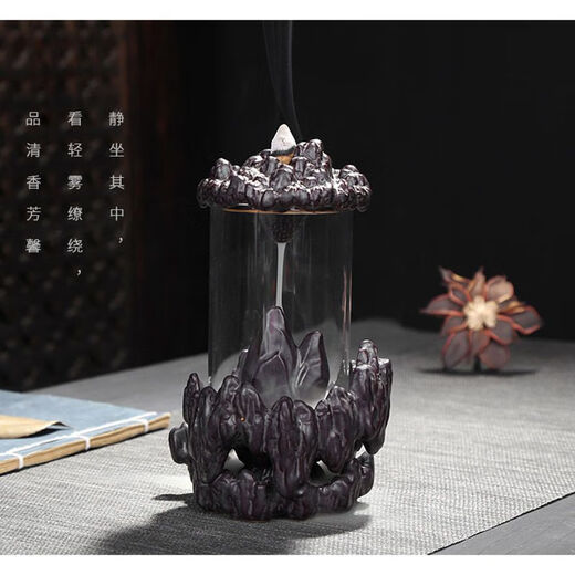 American and foreign new Chinese Zen backflow incense burner, glass cover, windproof, indoor household ornaments, sandalwood, agarwood, smoke, Pixiu base - praying for the great sage, artificial random installation - E