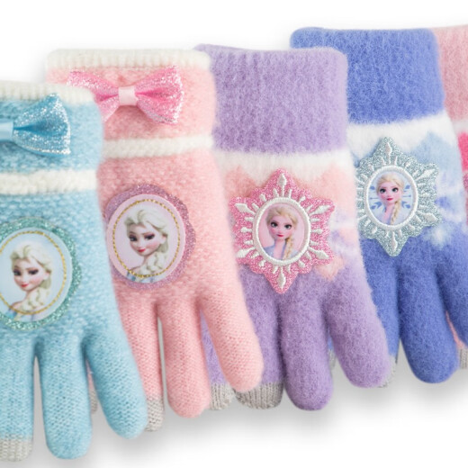 Disney Children's Gloves Winter Knitted Warm Full Finger Girls Princess Girls Toddler Baby Wool Five Finger Purple Ice and Snow One Size