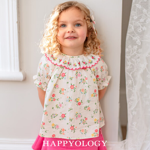 Happyology British children and girls short-sleeved floral shirt pure cotton bottoming baby girl loose shirt top colorful Newnham 98 (98cm)
