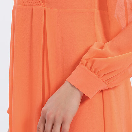 VOA orange and yellow double layer Georgia silk accordion pleated V-neck shirt long sleeve loose silk dress AE1365 Huanxi sa-yuelan (A22) L