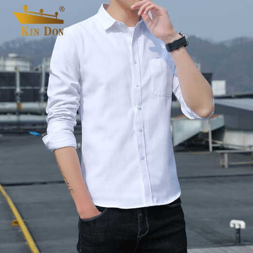 JINDON KINDON shirt men's long-sleeved solid color cotton business casual elastic comfortable slim youth Oxford shirt men's J02134 white XL