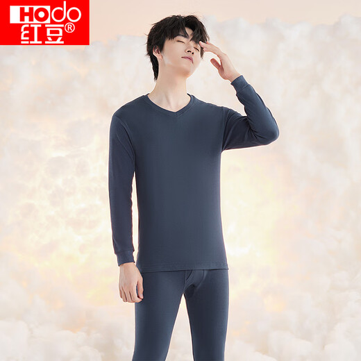 红豆内衣男士秋衣秋裤纯棉V领薄款棉毛衫打底套装秋上新 深灰 175/100