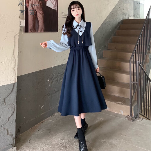 Keyin Kleid Frauenkleidung 2025 Frühlings- und Herbst Neues französisches gefälschter zweiteiliger Spleißprofi Retro mit mittlerer Länge für Frauen 9905 Frühling und Herbst L.