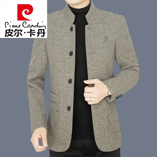 Pierre cardin spring and autumn short thickened wool woolen coat men's coat middle-aged dad business casual top Korean knitted dark gray 185/XXL