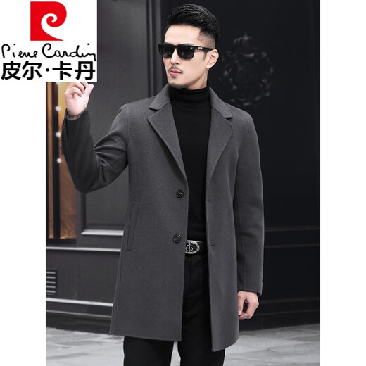 皮尔卡丹（pierre cardin）秋冬新款羊毛男士无羊绒双面呢薄外套中长款毛呢秋装风衣呢子大衣 烟灰 2XL 150-165斤