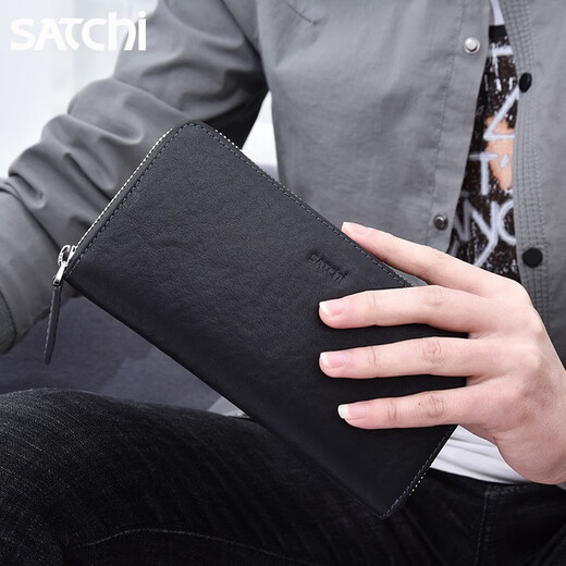SATCHI沙驰钱包男长款拉链真皮手包大容量商务纯牛皮2025新款男士手拿包 【黑色】顺丰发货/礼盒精装
