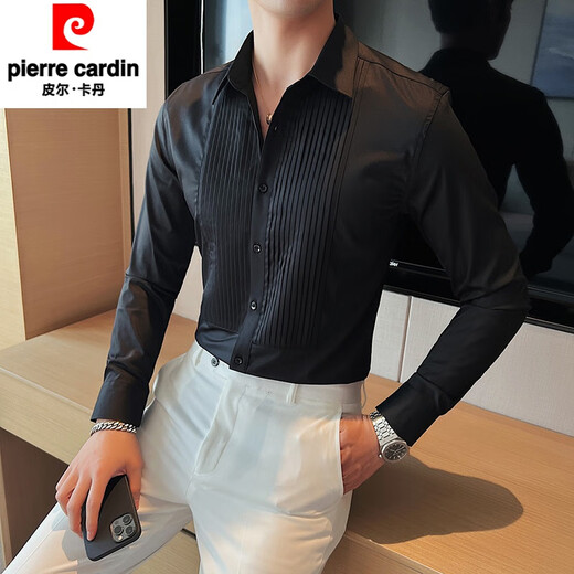 Camisa de boda del novio de Pierre Cardin camisa de vestir de moda de altura larga para hombres Banquete de boda de hombres delgados