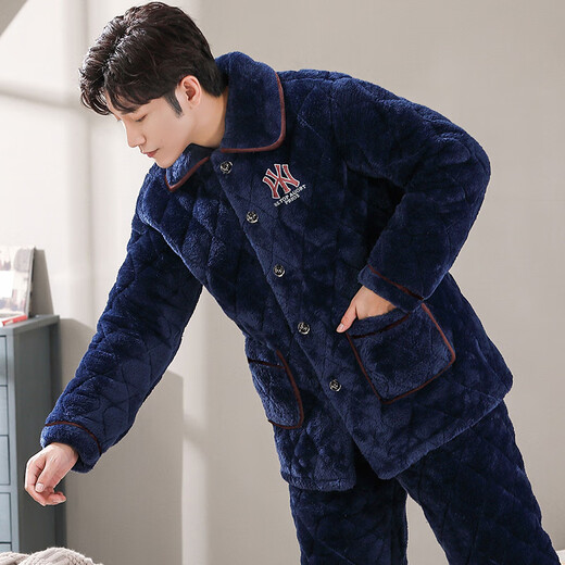 莫代尔男士睡衣冬季珊瑚绒三层夹棉加厚加绒保暖法兰绒家居服套装春秋款 C9921#黑灰色男长毛绒 L 100-125斤三层加厚加绒