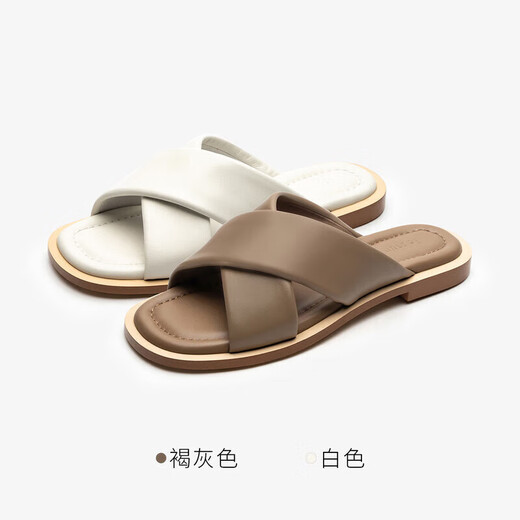 莱尔斯丹时尚休闲交叉带平跟一字拖凉拖女鞋4M12801 褐灰色 TPK 35