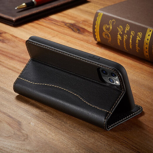 Shell Workshop Apple 12pro Max Mobiltelefon Hülle Echtes Leder Vollcard Card Wallet Leder Hülle iPhone12Mini Schutzhülle Anti-Fall-Fall-Hülle [Klassiker Schwarz] + Temperierter Film Apple 12pro [6,1 Zoll]