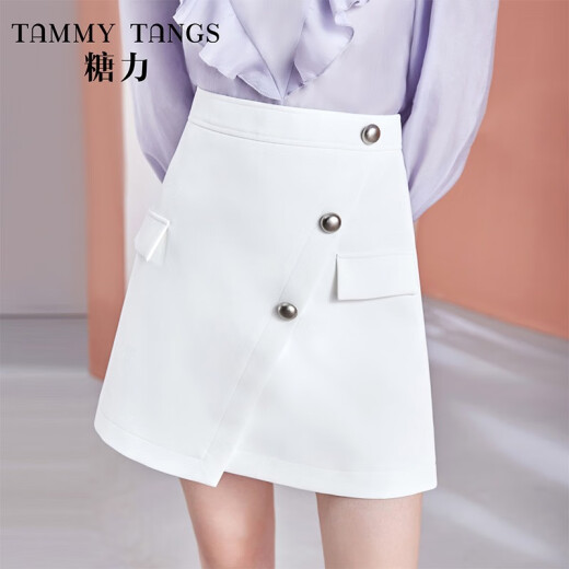 Tangli spring oblique placket single-breasted fake pocket decoration A-line skirt for women white M