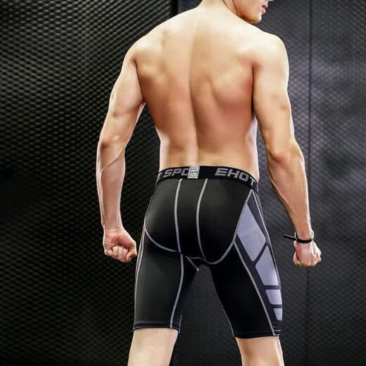 Stanwick sports tights fitness running men's shorts track and field training five-point pants basketball breathable high elastic leggings black line L (120-140Jin Jin equals 0.5kg)