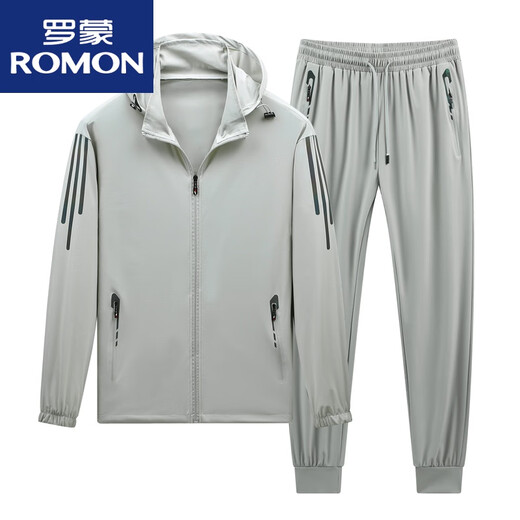 ROMON Ice Silk Fishing Suit Men's Summer Thin Breathable Elastic Sun Protection Clothing Casual Sports Two-piece Set Light Gray L