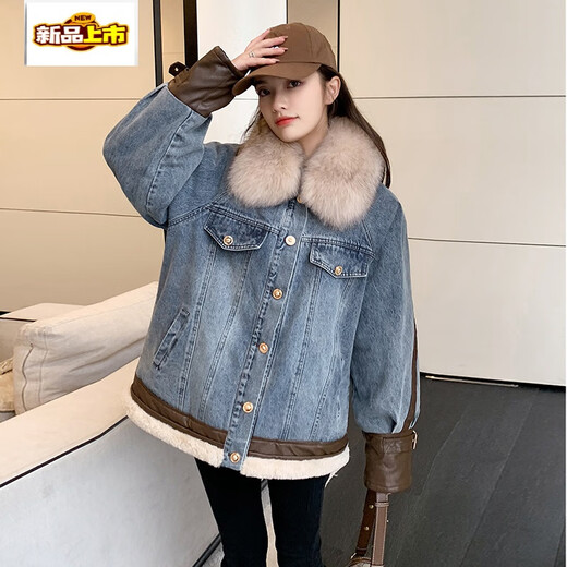 
Lamb-wool denim jacket for women in winter Korean style casual loose plush thickened wool collar cotton jacket parka warm blue wool collar/detachable L