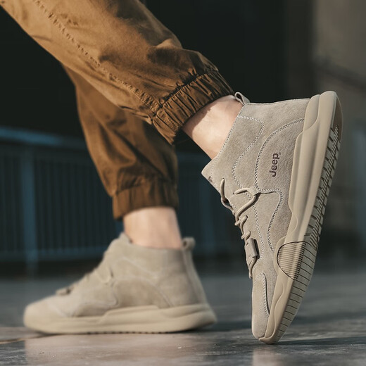 Jeep Herrenschuhe Leichte Kee-Resistante Jeep 2025 Frühlings- und Sommer-Martin Boots Herren Soft Sohle Mid-Top Flat Casual Schuhe Echte Lederschuhe Herren Sandfarbe (Empfohlen von Ladenmanager) 40