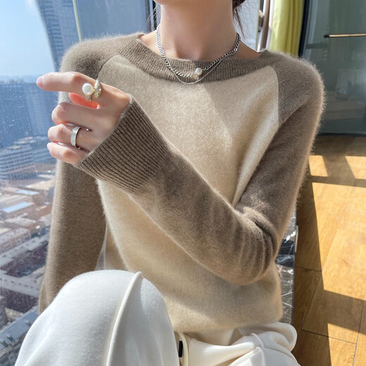 牧什秋冬山羊绒衫女士圆领羊绒毛衣女撞色拼接针织打底衫23新款JD1047 青绒色 XL